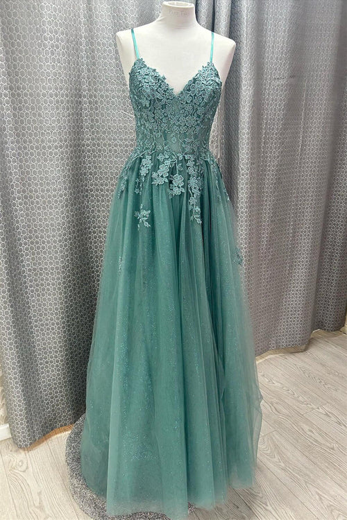 Straps Teal Green Lace Appliques Long Prom Dress