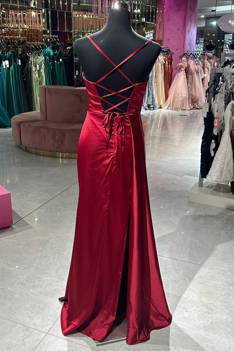 Straps Wine Red Satin Cowl Neck Dress