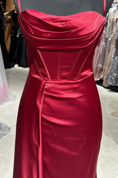 Straps Wine Red Satin Cowl Neck Dress