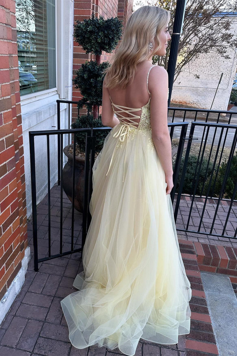 Straps Yellow Lace Appliques A-line Long Formal Dress