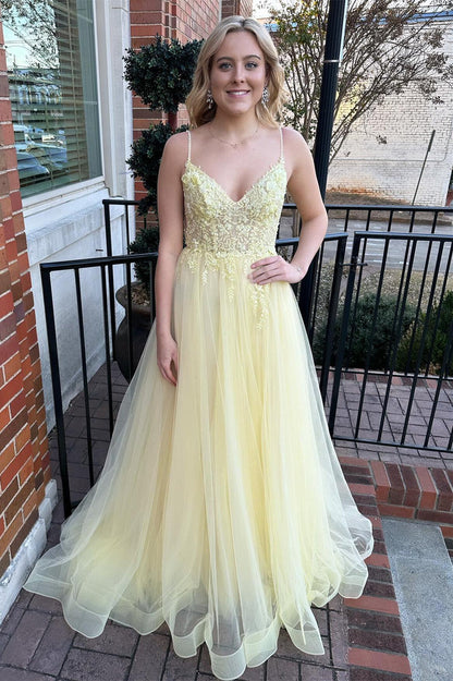 Straps Yellow Lace Appliques A-line Long Formal Dress