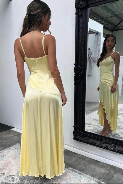 Straps Yellow Silk Ruffle Party Dress