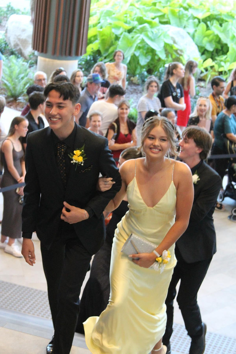 Straps Yellow V Neck Soft Satin Party Dress