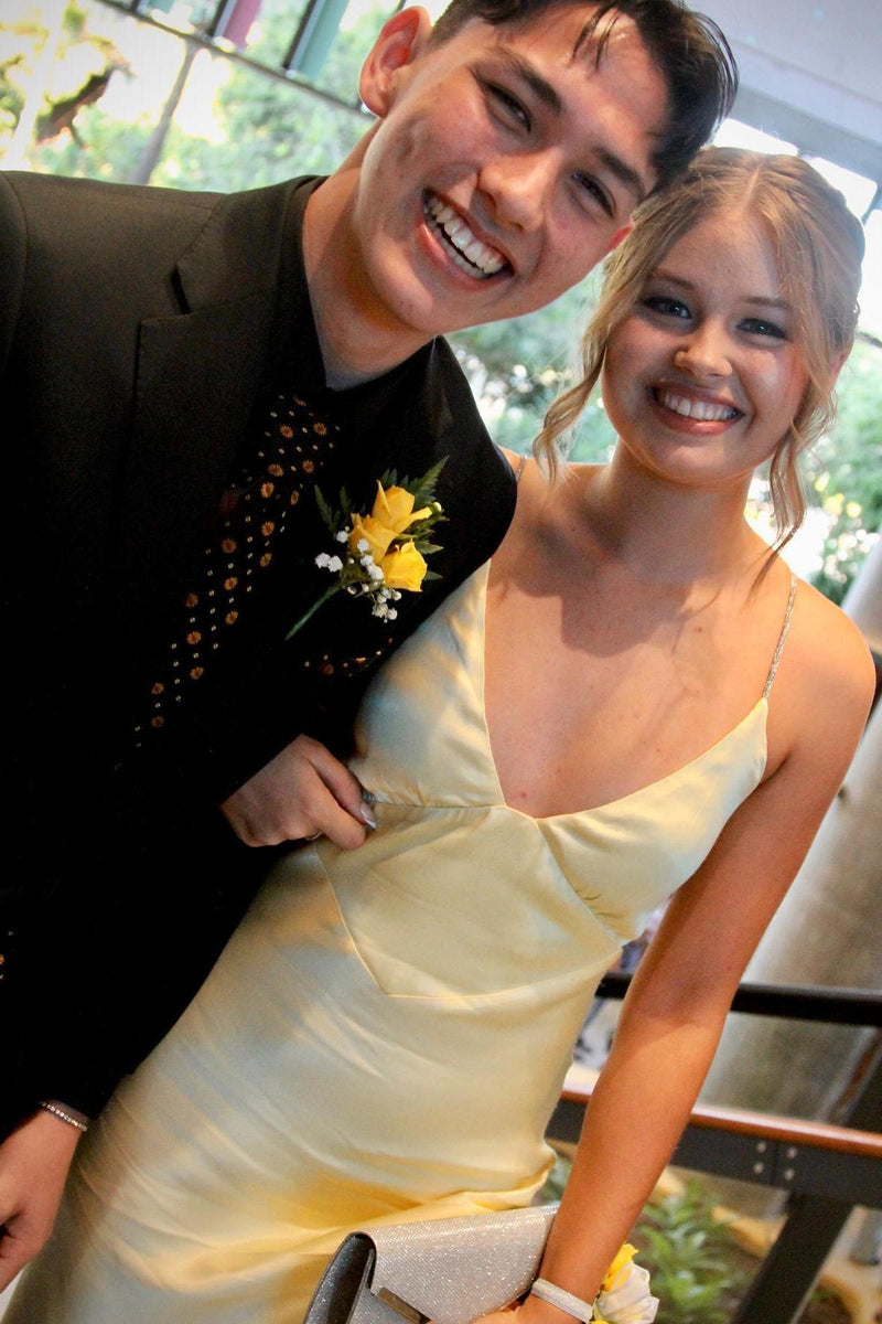 Straps Yellow V Neck Soft Satin Party Dress
