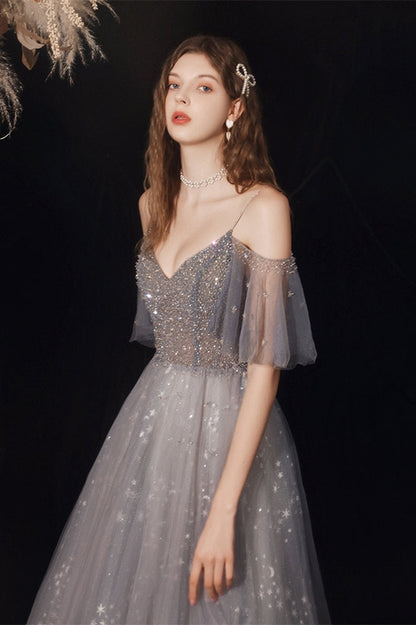 Stunning A-line Grey Tulle Long Formal Dress