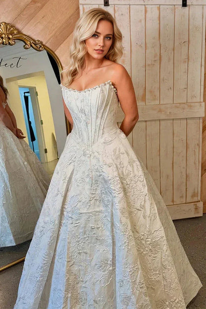 Stunning A Line Scoop Neck Jacquard Satin Long Prom Dress with Pearls