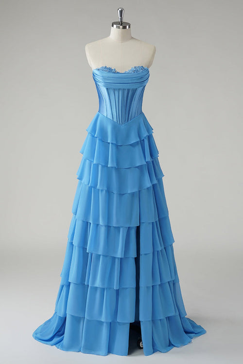 Stunning Blue Strapless LayeredBackless Prom Dress