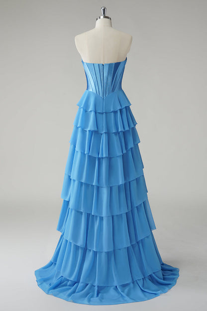 Stunning Blue Strapless LayeredBackless Prom Dress