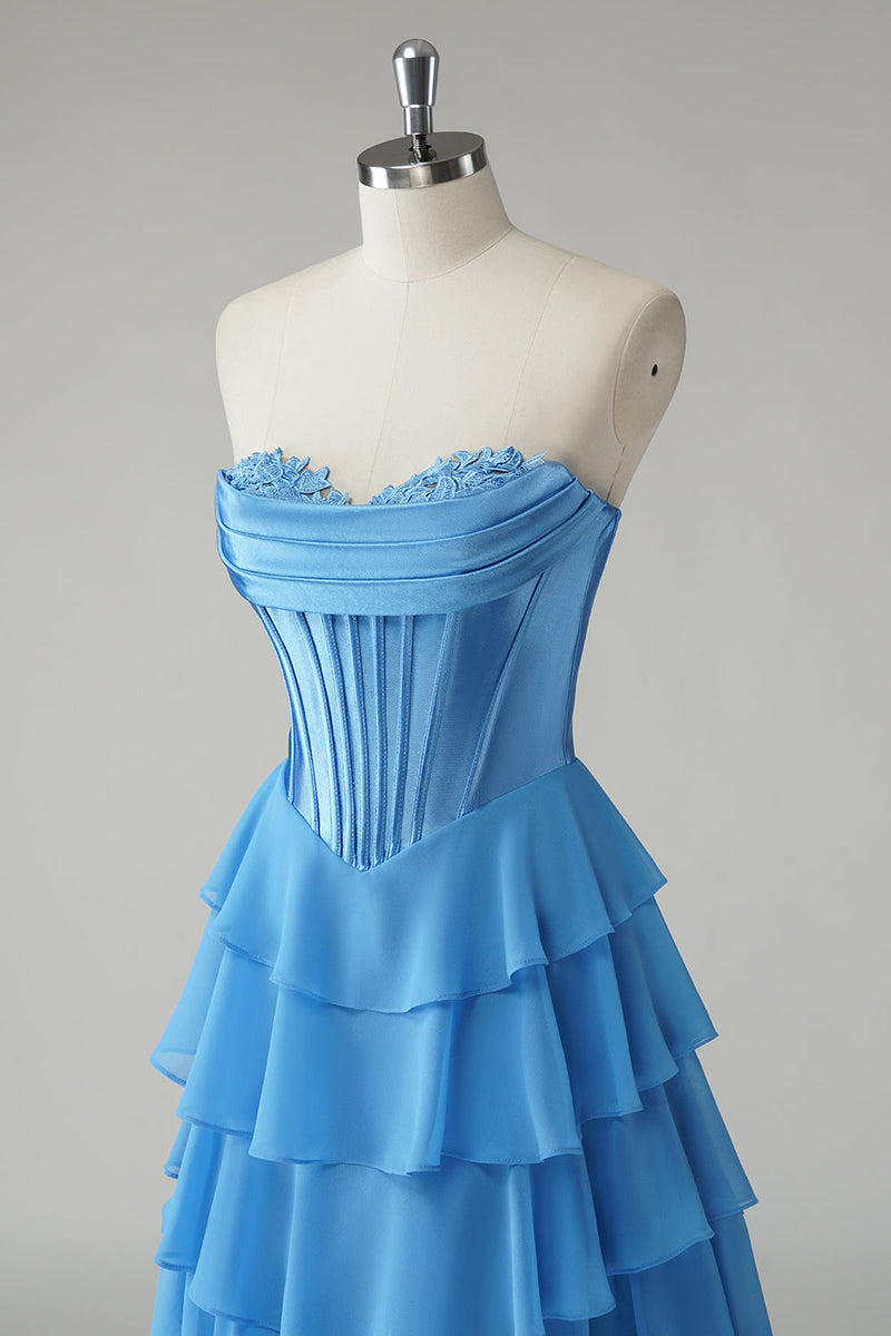 Stunning Blue Strapless LayeredBackless Prom Dress