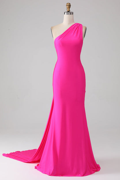 Stunning Fuchsia Asymmetric Sleeveless Train Mermaid Prom Dress