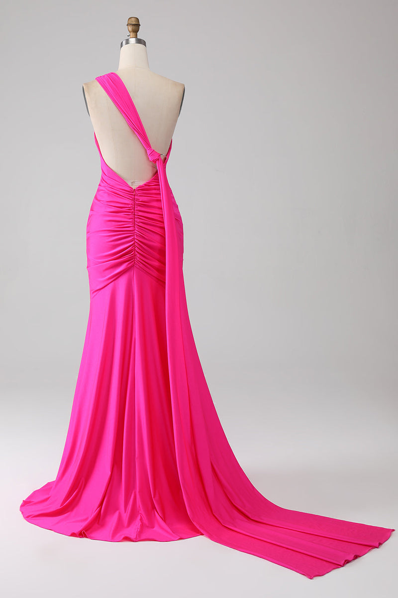 Stunning Fuchsia Asymmetric Sleeveless Train Mermaid Prom Dress