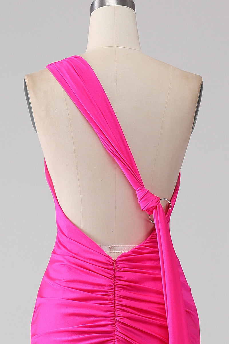 Stunning Fuchsia Asymmetric Sleeveless Train Mermaid Prom Dress