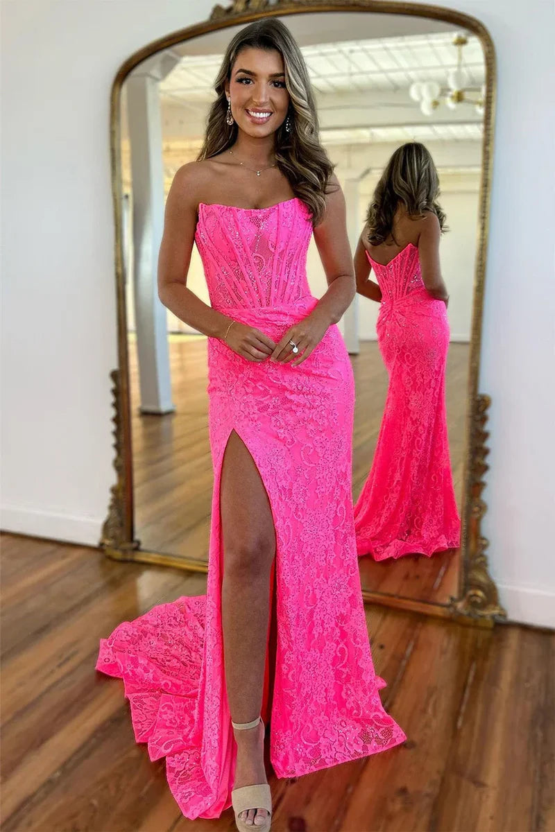Stunning Glitter Mermaid Strapless Sweep Train Long Lace Prom Dress With Slit