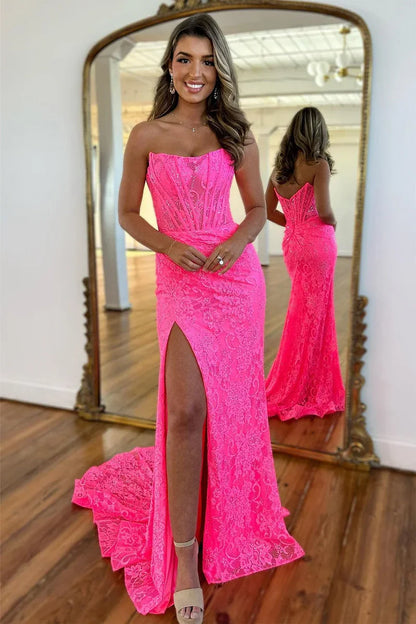 Stunning Glitter Mermaid Strapless Sweep Train Long Lace Prom Dress With Slit