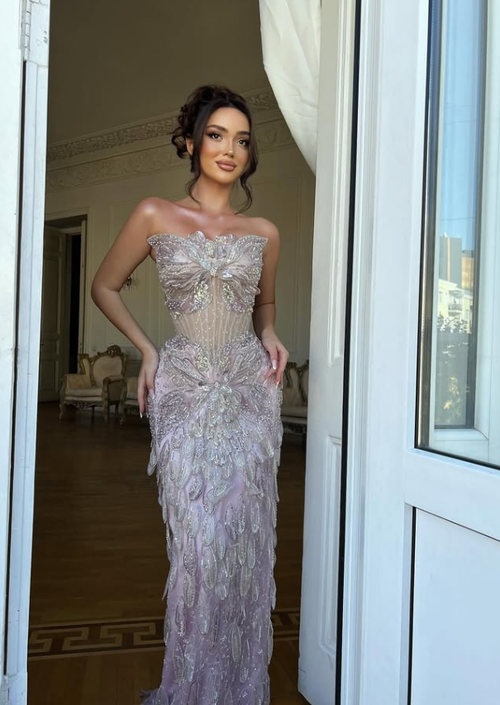 Stunning Light Purple Sheath Strapless Sequin Beaded Tulle Prom Dress Wedding Guest Dress