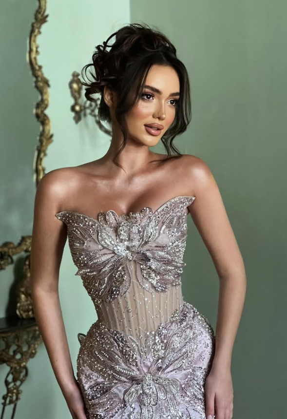 Stunning Light Purple Sheath Strapless Sequin Beaded Tulle Prom Dress Wedding Guest Dress