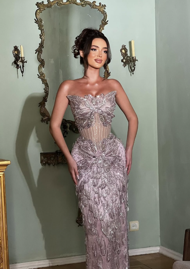 Stunning Light Purple Sheath Strapless Sequin Beaded Tulle Prom Dress Wedding Guest Dress