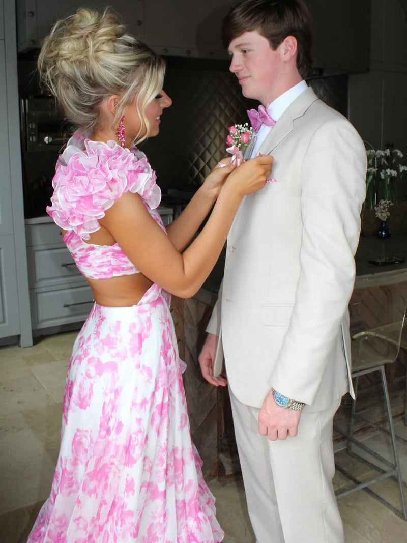 Stunning Printed Chiffon Prom Dress with V Neck Waist Hollow and Tiered A Line Design