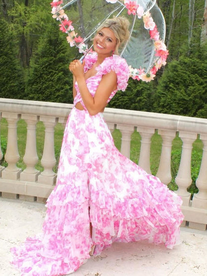 Stunning Printed Chiffon Prom Dress with V Neck Waist Hollow and Tiered A Line Design