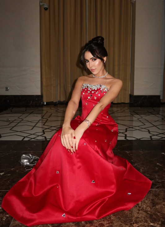 Stunning Red A Line Strapless Shiny Beaded Satin Prom Dress Wedding Guest Dress