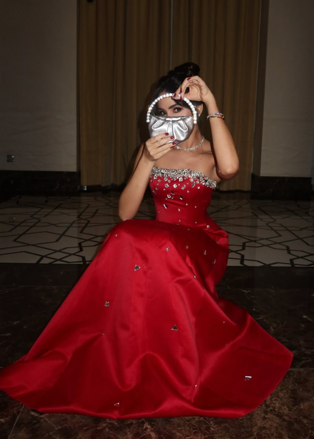 Stunning Red A Line Strapless Shiny Beaded Satin Prom Dress Wedding Guest Dress