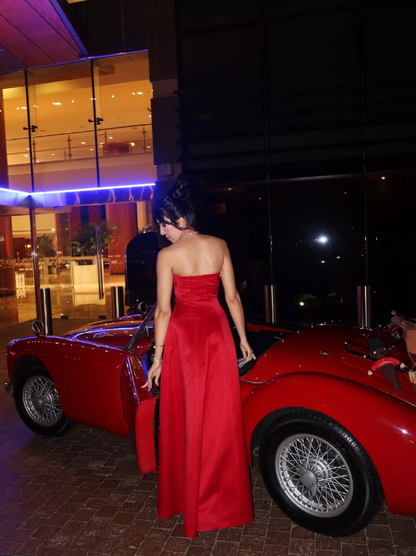 Stunning Red A Line Strapless Shiny Beaded Satin Prom Dress Wedding Guest Dress