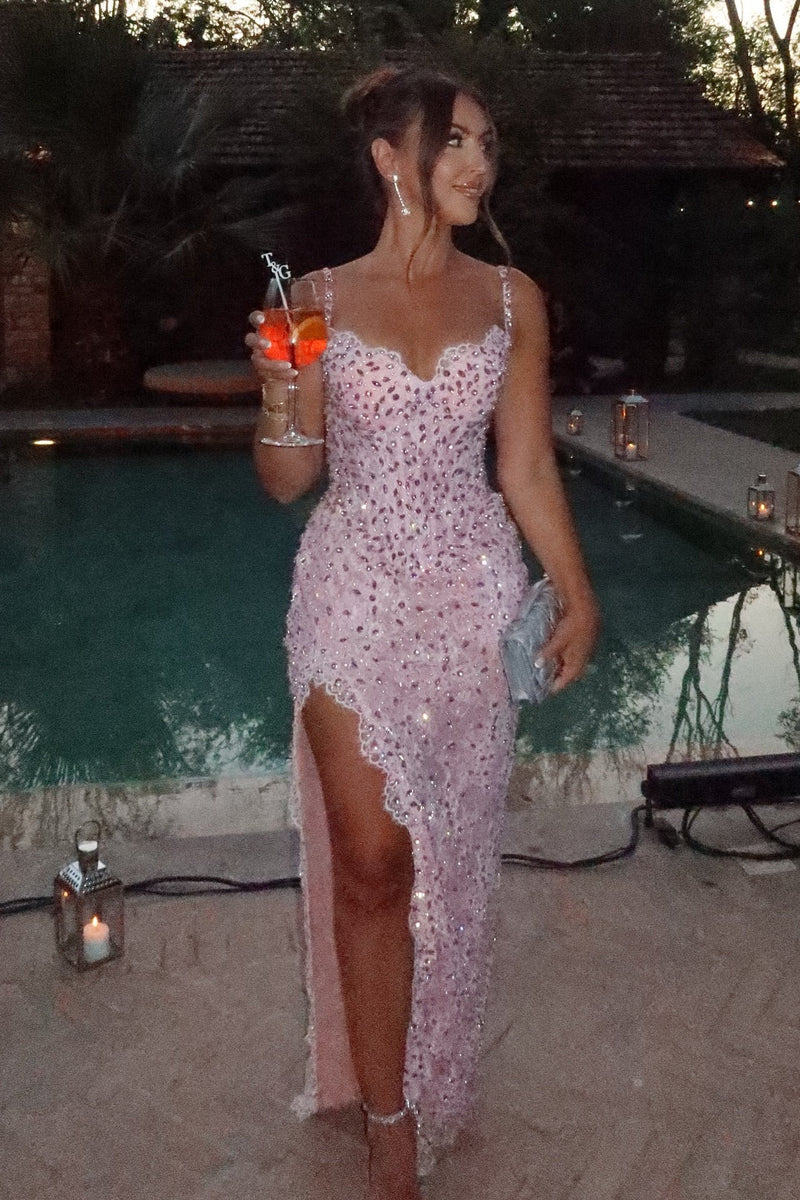 Stunning Sheath Spaghetti Straps Pink Long Party Dress with Lace Beading