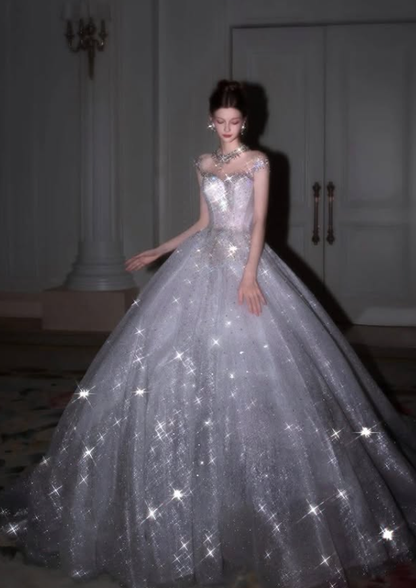 Stunning Shiny Ball Gown Exquisite Beaded White Tulle Long Prom Dress