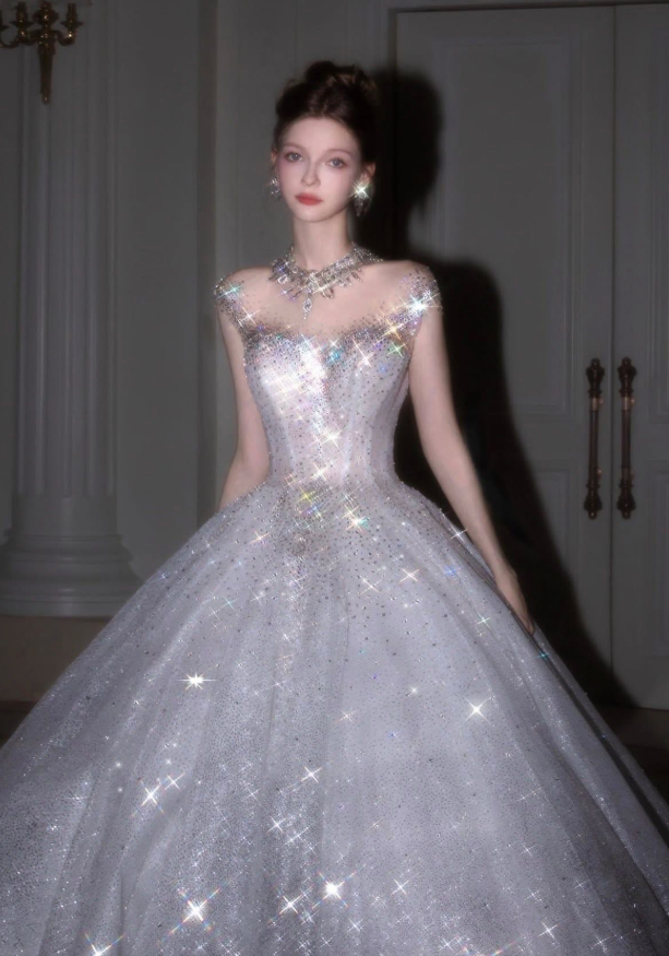 Stunning Shiny Ball Gown Exquisite Beaded White Tulle Long Prom Dress