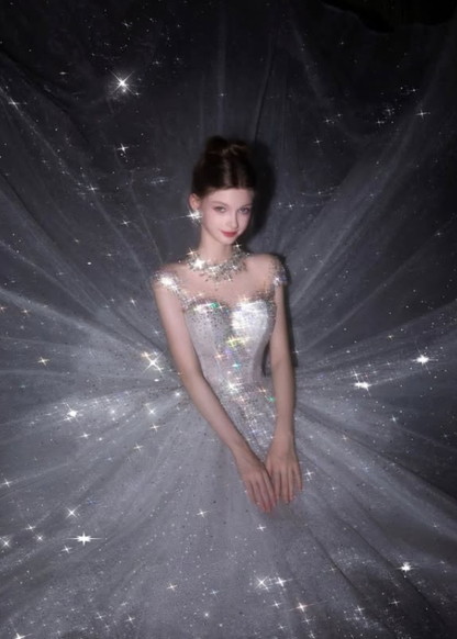 Stunning Shiny Ball Gown Exquisite Beaded White Tulle Long Prom Dress