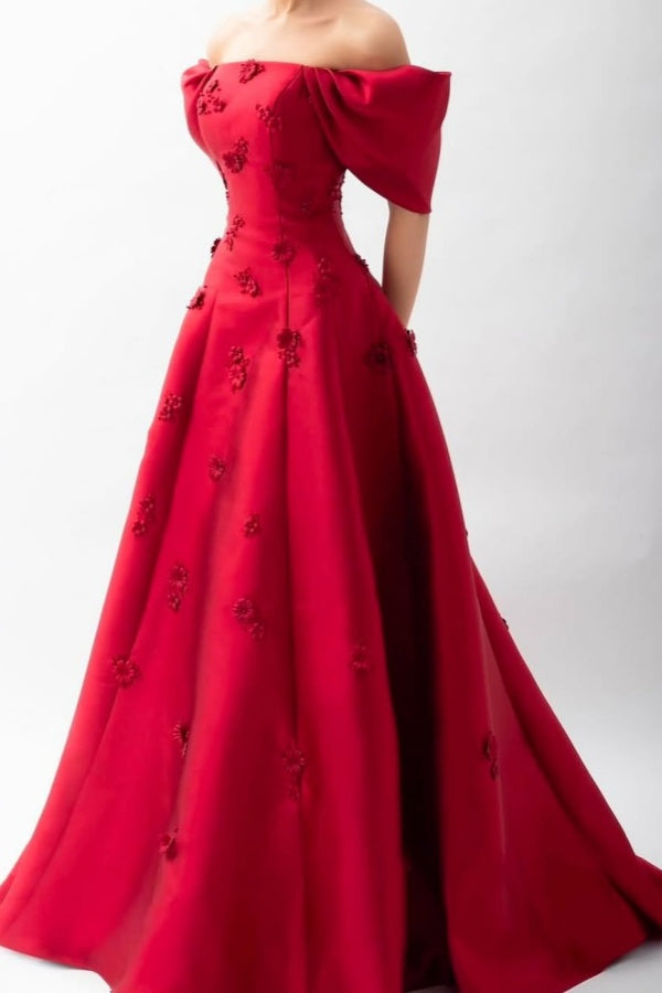 Stunningff-the-Shoulder Prom Dress Sleeveless A-Line Beaded with Flower