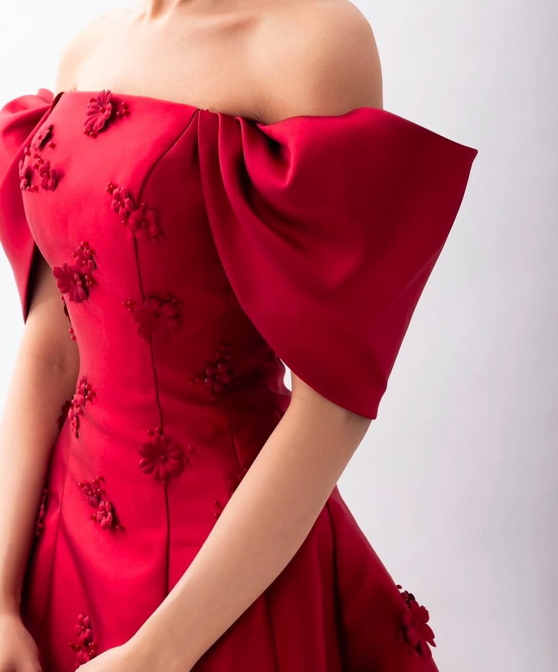 Stunningff-the-Shoulder Prom Dress Sleeveless A-Line Beaded with Flower