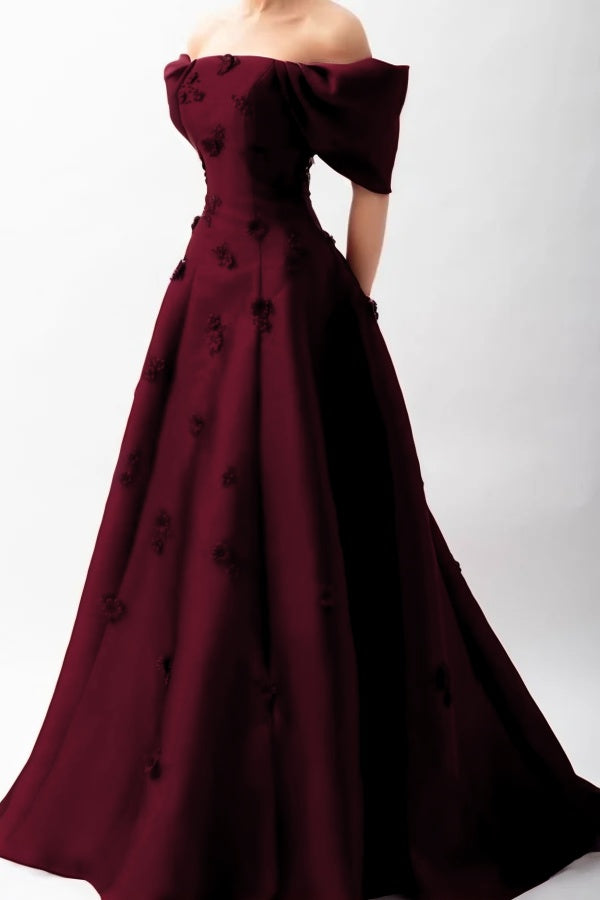 Stunningff-the-Shoulder Prom Dress Sleeveless A-Line Beaded with Flower
