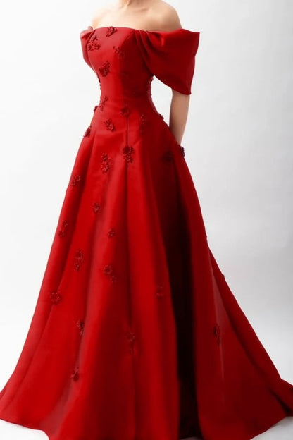 Stunningff-the-Shoulder Prom Dress Sleeveless A-Line Beaded with Flower