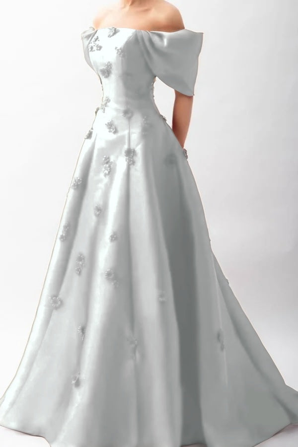 Stunningff-the-Shoulder Prom Dress Sleeveless A-Line Beaded with Flower