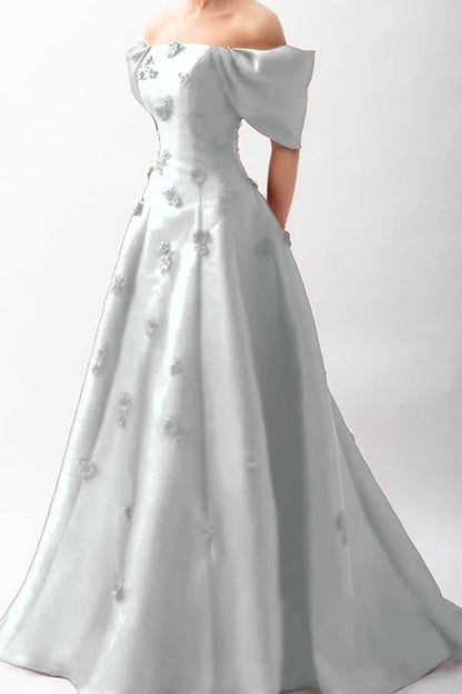 Stunningff-the-Shoulder Prom Dress Sleeveless A-Line Beaded with Flower