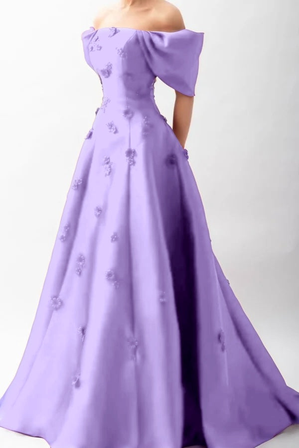 Stunningff-the-Shoulder Prom Dress Sleeveless A-Line Beaded with Flower