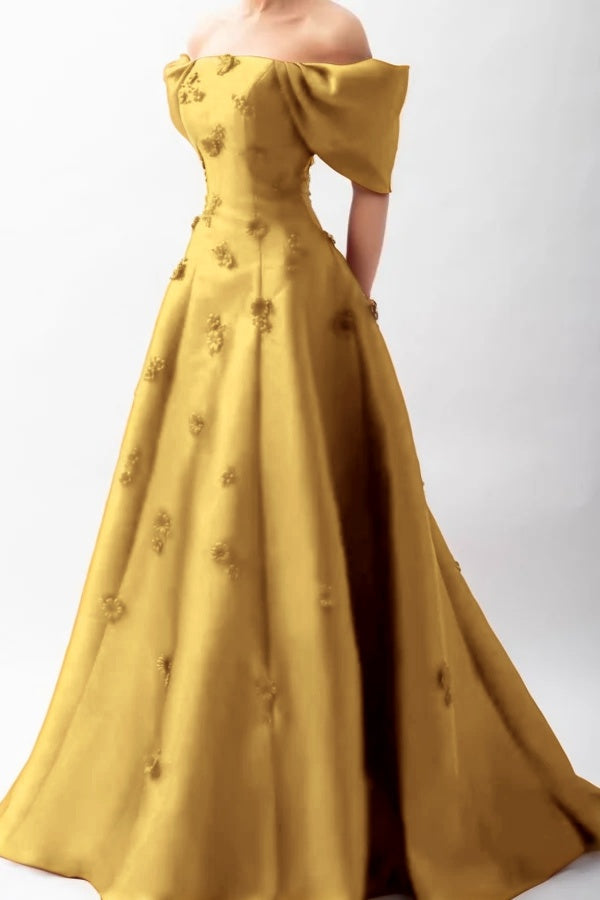 Stunningff-the-Shoulder Prom Dress Sleeveless A-Line Beaded with Flower
