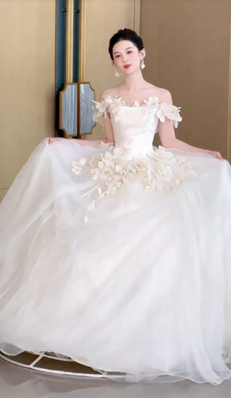 Style Ball Gown Off The Shoulder Satin Tulle Applique Long Wedding Dresses