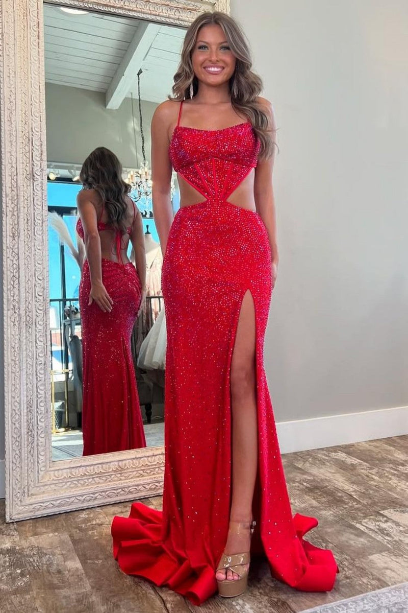 Stylish Mermaid Prom Dress with Glitter Fabric Spaghetti Straps and Waist Hollow Detail