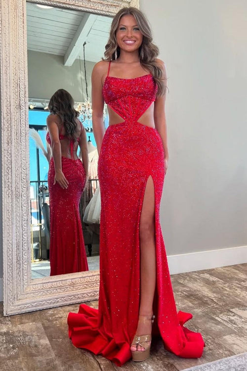 Stylish Mermaid Prom Dress with Glitter Fabric Spaghetti Straps and Waist Hollow Detail