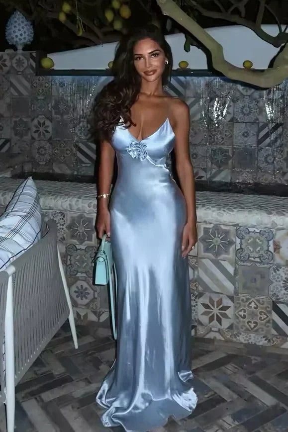 Stylish Mermaid Spaghetti Straps Grey Blue Long Prom Dress with 3D Flowers