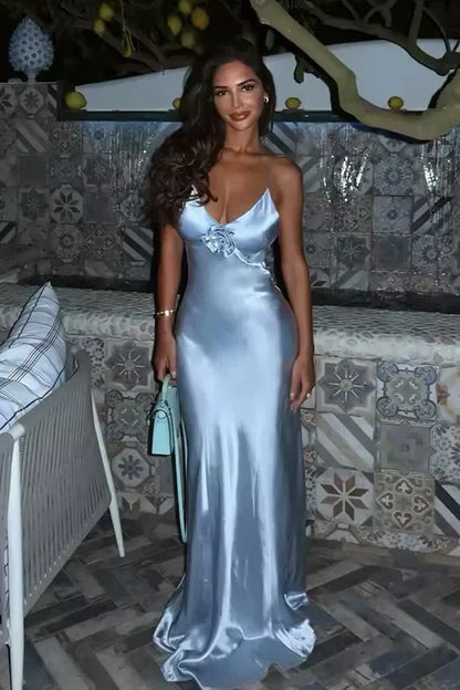 Stylish Mermaid Spaghetti Straps Grey Blue Long Prom Dress with 3D Flowers