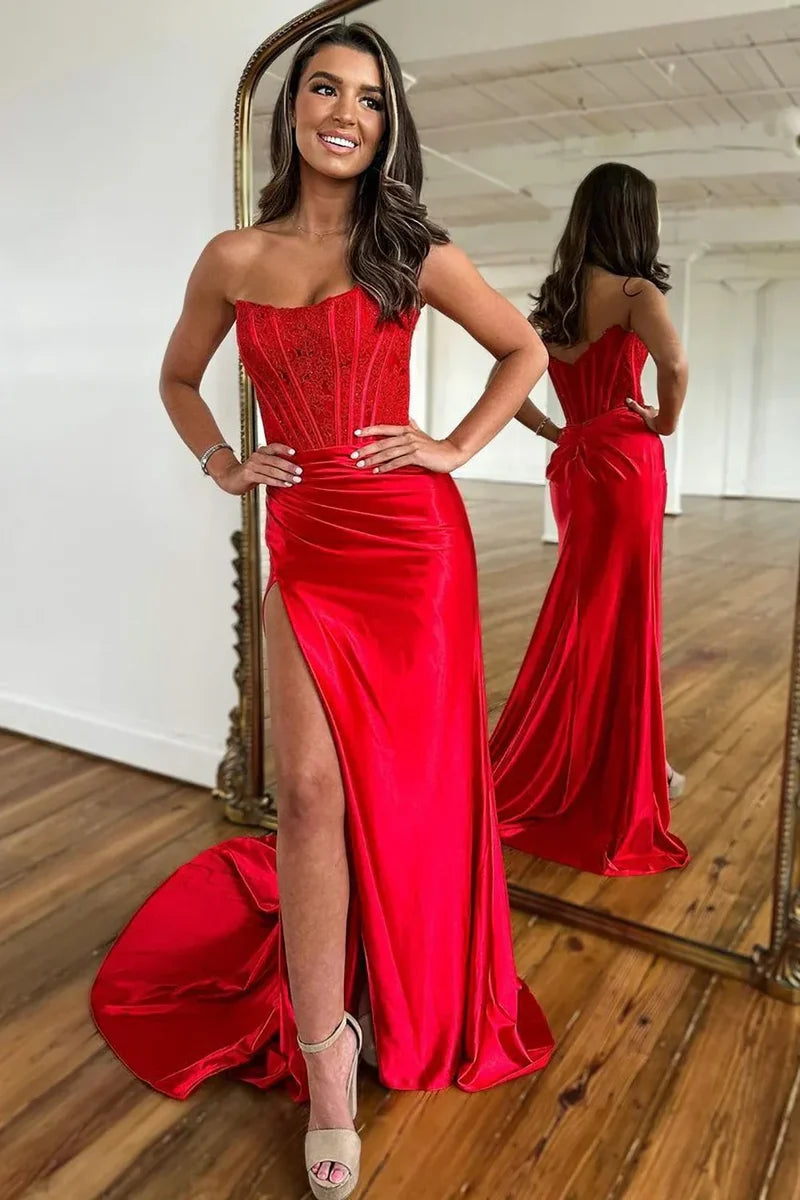 Stylish Mermaid Strapless Lace Top Red Long Satin Prom Dress with Split