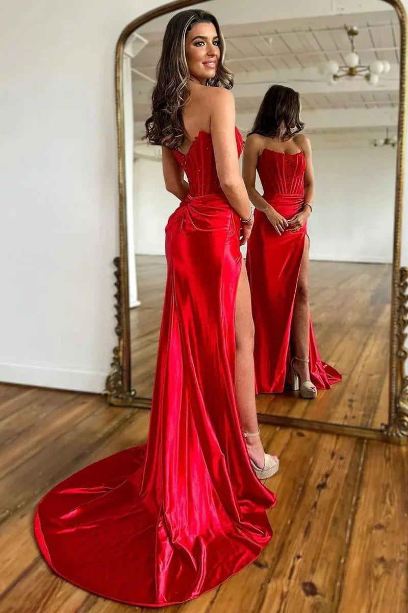 Stylish Mermaid Strapless Lace Top Red Long Satin Prom Dress with Split