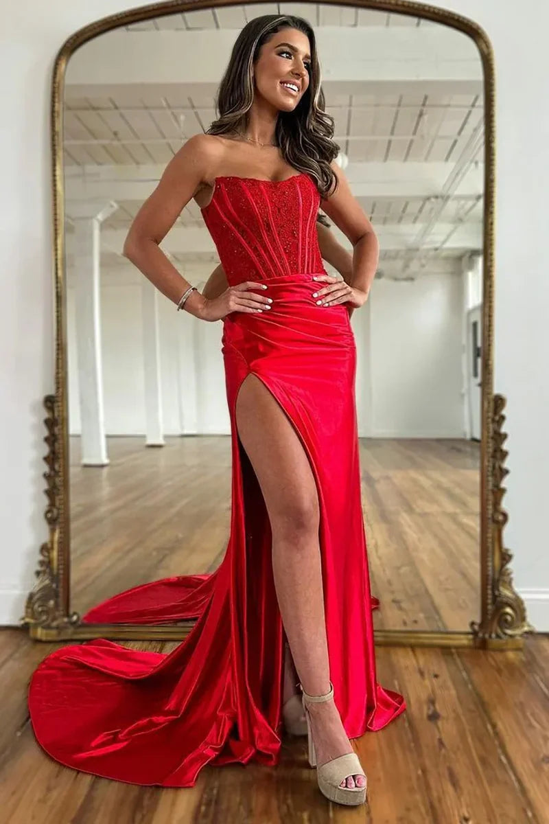 Stylish Mermaid Strapless Lace Top Red Long Satin Prom Dress with Split