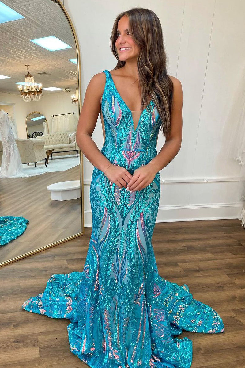 Stylish Mermaid V Neck Sequin Lace Long Prom Dresses