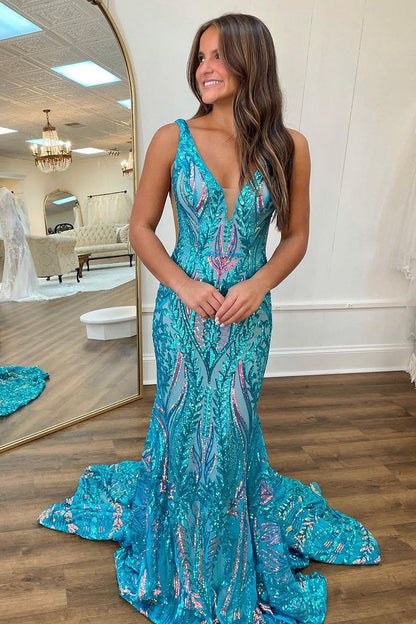 Stylish Mermaid V Neck Sequin Lace Long Prom Dresses