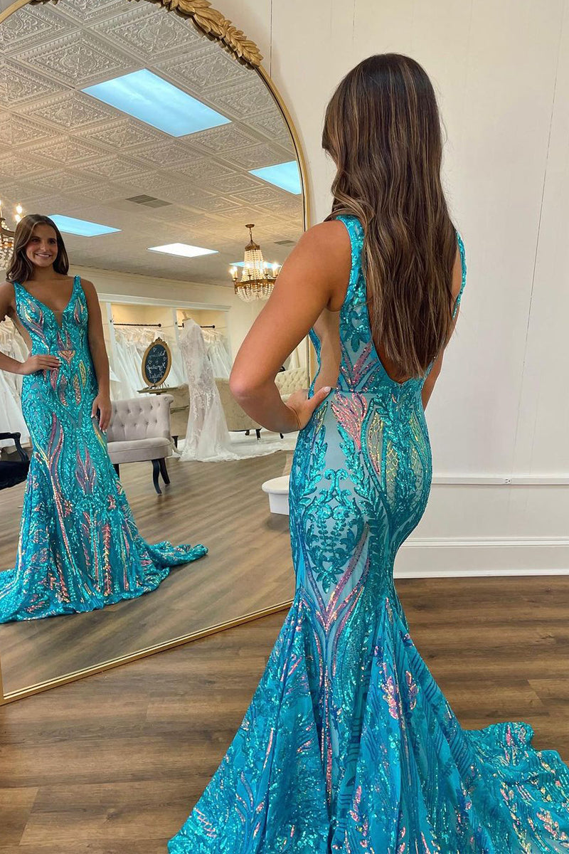 Stylish Mermaid V Neck Sequin Lace Long Prom Dresses