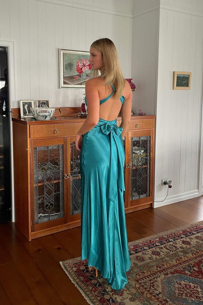 Stylish Sheath V Neck Green Long Party Dress with Open Back Bowknot